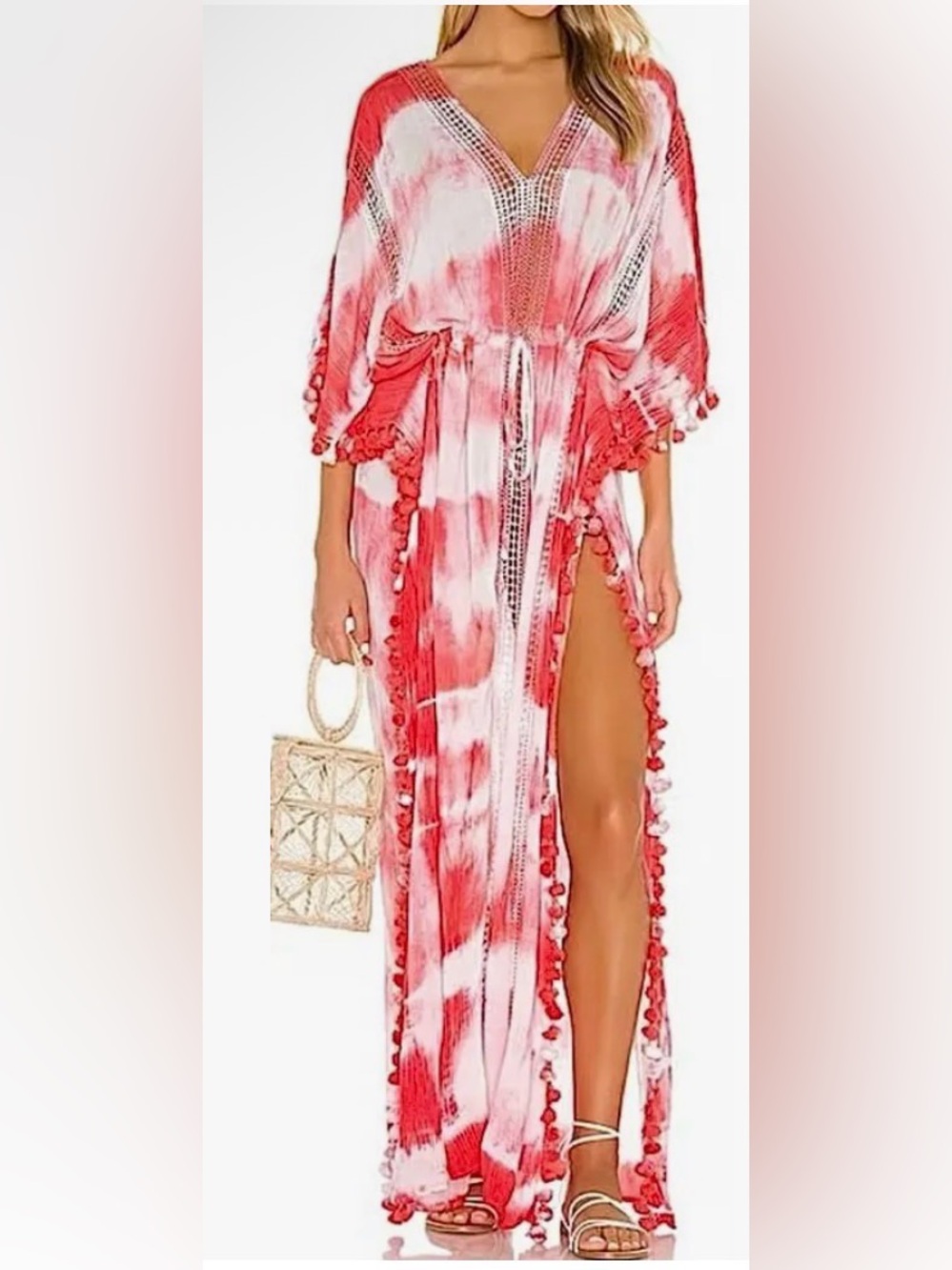 Michael Stars NWOT Red & White Tie-Dye Pom Pom Beach Cover-Up